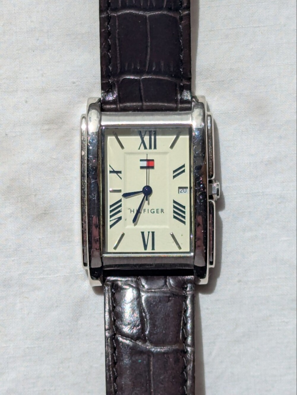 Tommy Hilfiger Black Leather Strap Rectangular Silver-Tone Watch with Cream Dial